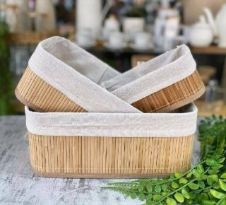 Kit 3 Cestos Organizadores de Bambu Retangulares com Forro Lavável