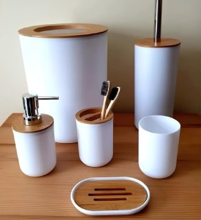 Kit Banheiro Luxo Conjunto Completo 6 peças Bambú Com Lixeira