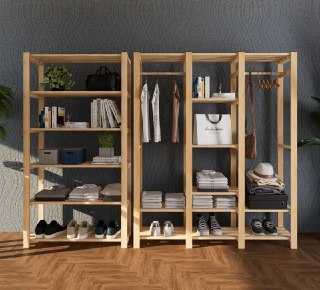 Kit Cabideiro Arara Sapateira E Estante Roupas Madeira Pinus